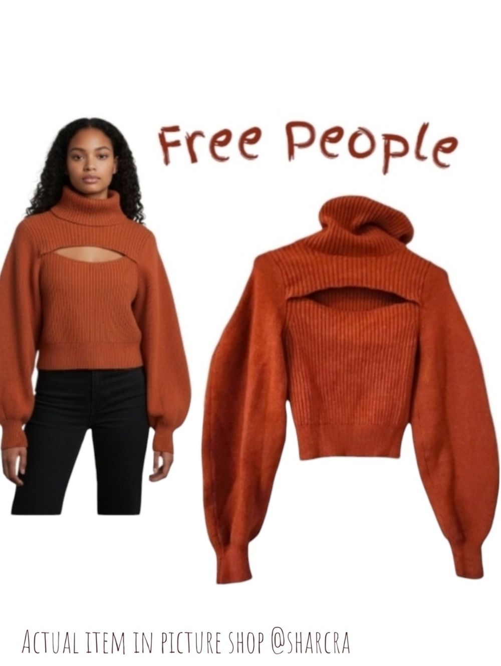 free people Women's OB1238912 turtleneck Ribbed knit Crop sweater Burnt Orange S